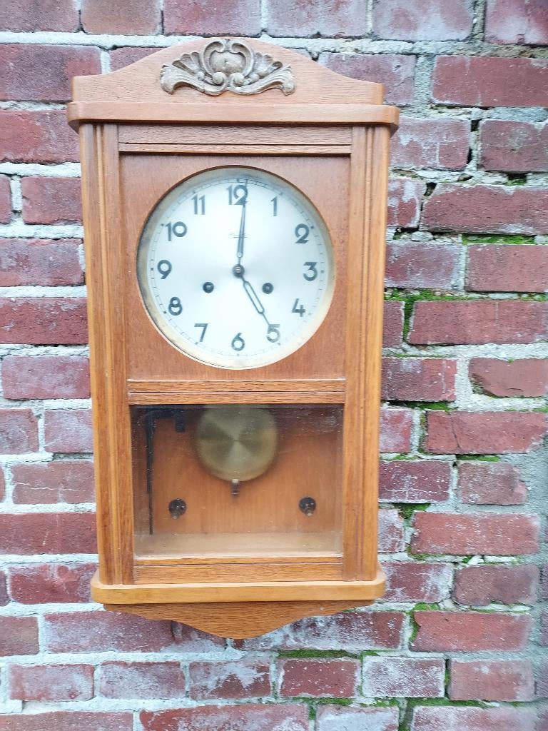 Vintage Bimbamklok, regulateurklok in licht eiken kast., Antiek en Kunst, Antiek | Klokken, Verzenden