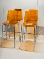 Set van 4 design barkrukken – transparant oranje & chroom, Ophalen, 60 tot 90 cm, Zo goed als nieuw, Metaal