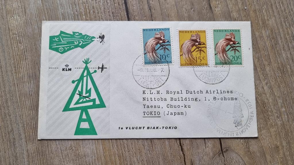FDC Nederlands Nieuw-Guinea KLM 1e Vlucht Biak-Tokio, Ophalen of Verzenden, Beschreven, Rest van de wereld