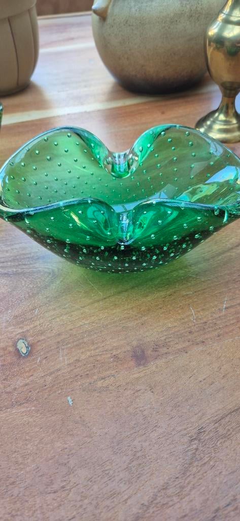Vintage Murano Glas Asbak/Schaal - Groen met Bubbels, Antiek en Kunst, Antiek | Glas en Kristal, Ophalen of Verzenden