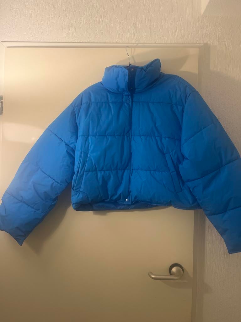 Blauwe korte puffer jas - Maat 42 (L), Ophalen of Verzenden, Zo goed als nieuw, Maat 42/44 (L), Blauw