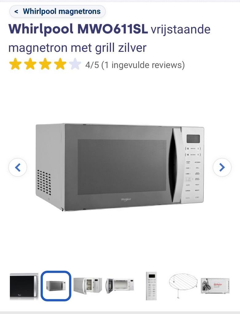 Z.G.A.N. combimagnetron Whirlpool MWO611SL zilver, Ophalen, Combimagnetron, Gebruikt, Grill