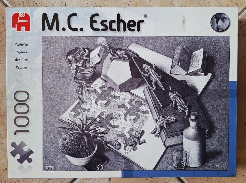 Jumbo puzzel 1000st. M.C. Escher Reptielen, Ophalen of Verzenden, 500 t/m 1500 stukjes, Gebruikt, Legpuzzel