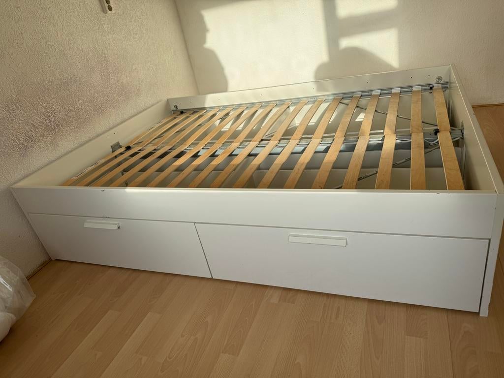 IKEA Brimnes bedframe met lattenbodem en 4 opberglades, Gebruikt, Wit, Tweepersoons, Ophalen of Verzenden