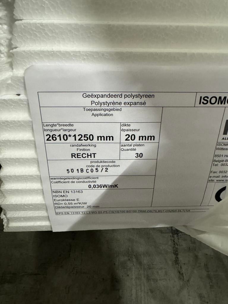 46 platen EPS 20mm 2610x1250mm 100SE, Doe-het-zelf en Verbouw, Isolatie en Afdichting, Dakisolatie, Zo goed als nieuw, 15 m² of meer