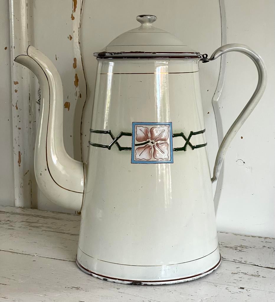 Emaille grote koffiepot creme met bloem, Ophalen of Verzenden