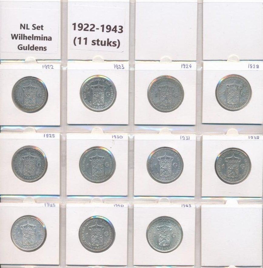 Nederland complete set 1922-1943 zilveren Wilhelmina guldens