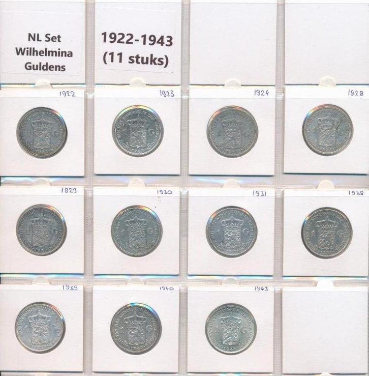 Nederland complete set 1922-1943 zilveren Wilhelmina guldens, Postzegels en Munten, Munten | Nederland, Setje, 1 gulden, Koningin Wilhelmina