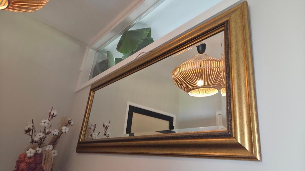 Grote gouden barok spiegel, Huis en Inrichting, Woonaccessoires | Spiegels, Ophalen, 100 tot 150 cm, Zo goed als nieuw, Rechthoekig