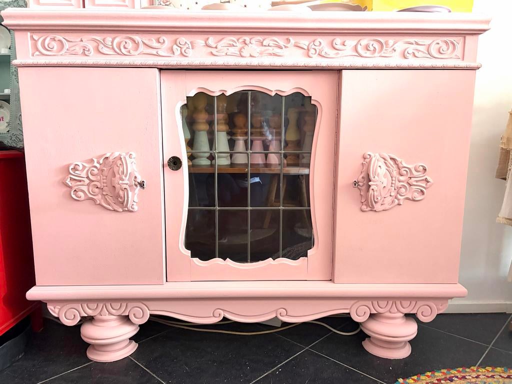 Art Deco Vintage Kastje - Mat Roze met Glas-in-lood, Huis en Inrichting, Kasten | Buffetkasten, Ophalen, 100 tot 150 cm, Art deco
