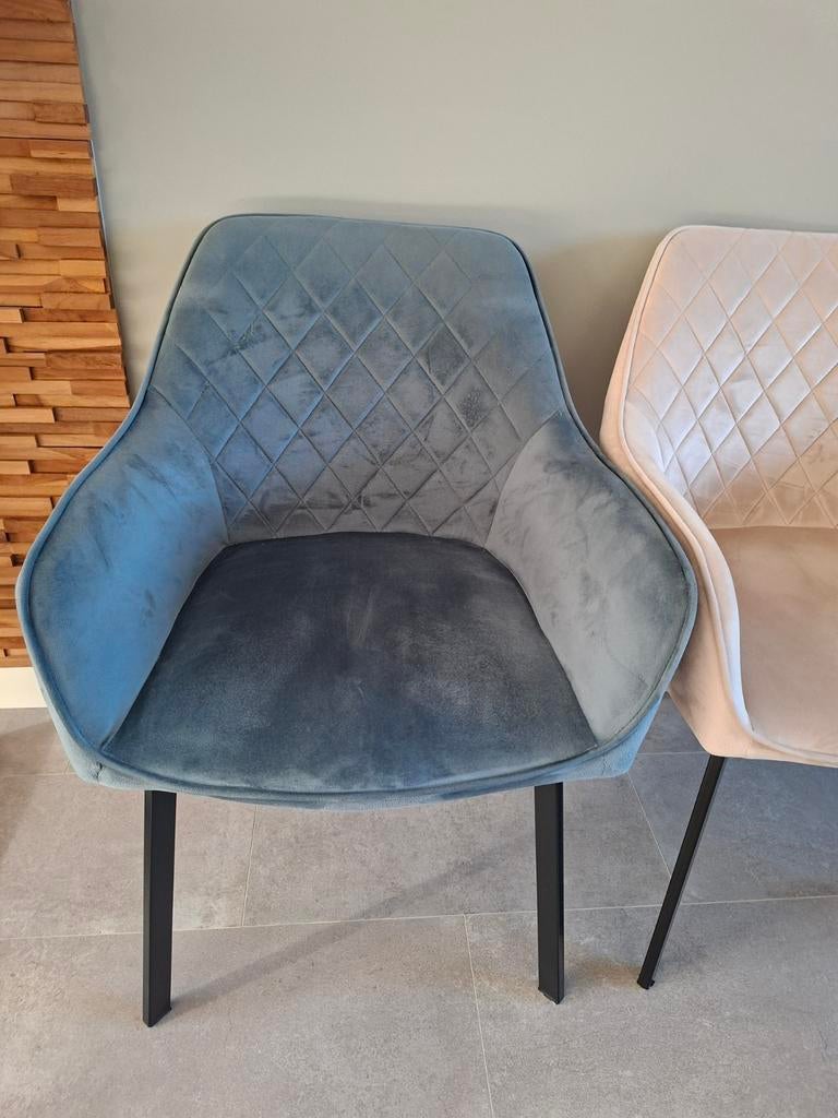 2x Eetkamerstoel eetstoelen velvet blauw creme Fauteuil, Ophalen, Overige kleuren, Drie, Zo goed als nieuw