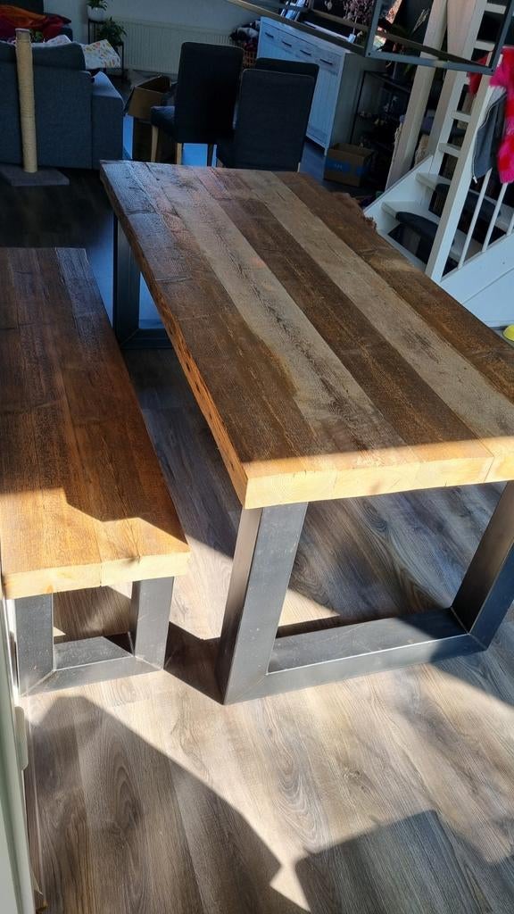 6 persoons houten eettafel met bankje, Ophalen, Gebruikt, 200 cm of meer, 50 tot 100 cm