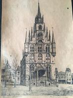 pentekening stadhuis gouda marius janssen, Antiek en Kunst, Kunst | Etsen en Gravures, Ophalen