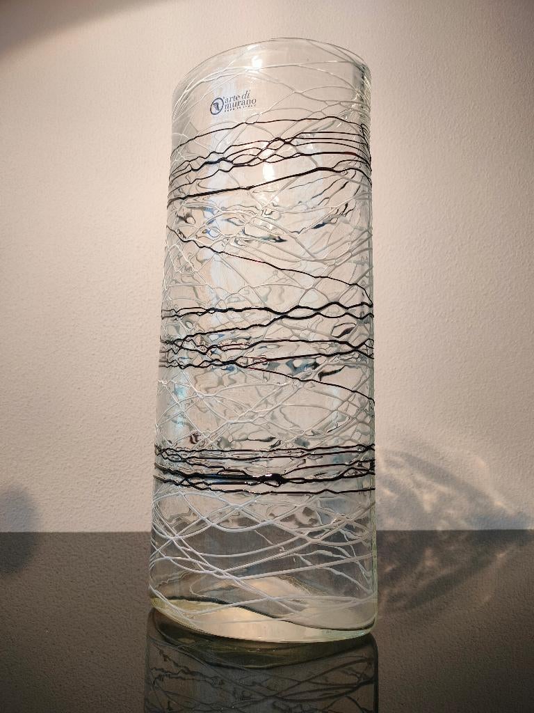 Italie Murano Vaas Filigrana Transparant Zwart Wit 1960/1970, Ophalen of Verzenden
