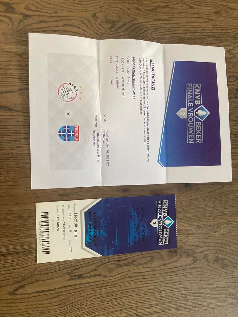 UITNODIGING EN TICKET BEKERFINALE AJAX-PEC ZWOLLE 2019, Verzamelen, Sportartikelen en Voetbal, Ophalen of Verzenden, Zo goed als nieuw