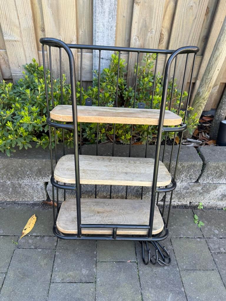 Industriële Wandrek met 3 Houten Planken en Haken, Ophalen, Zo goed als nieuw