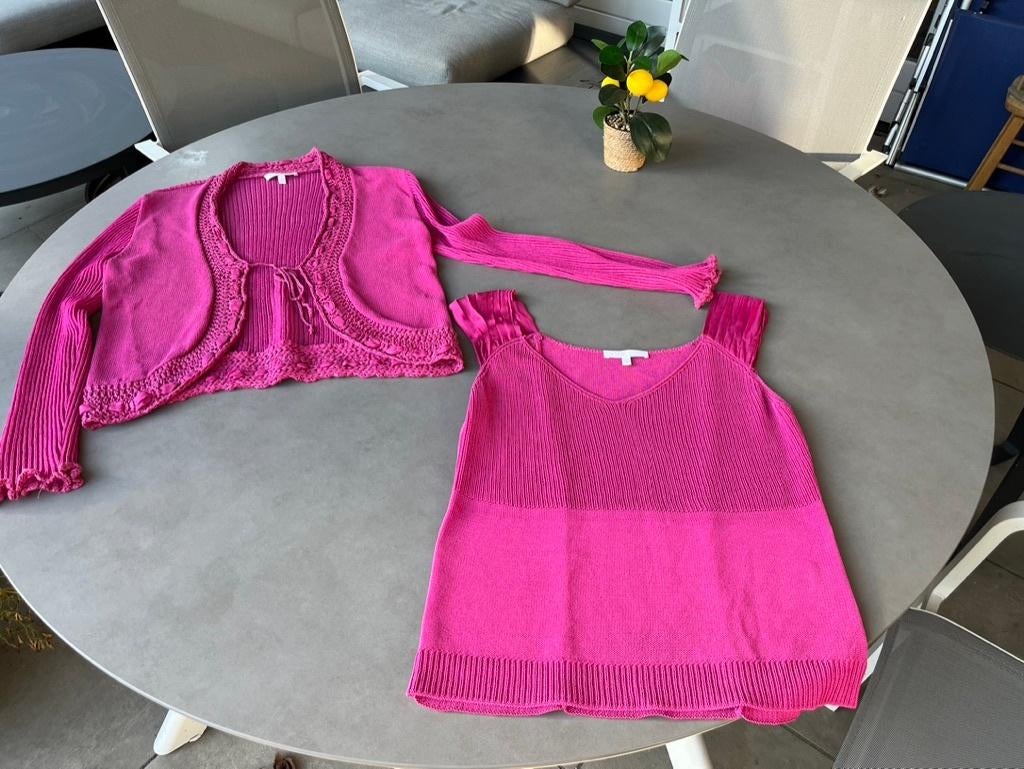 Fuchsia roze Diktons Barcelona twinset, maat L, Diktons Barcelona, Verzenden, Maat 42/44 (L), Zo goed als nieuw