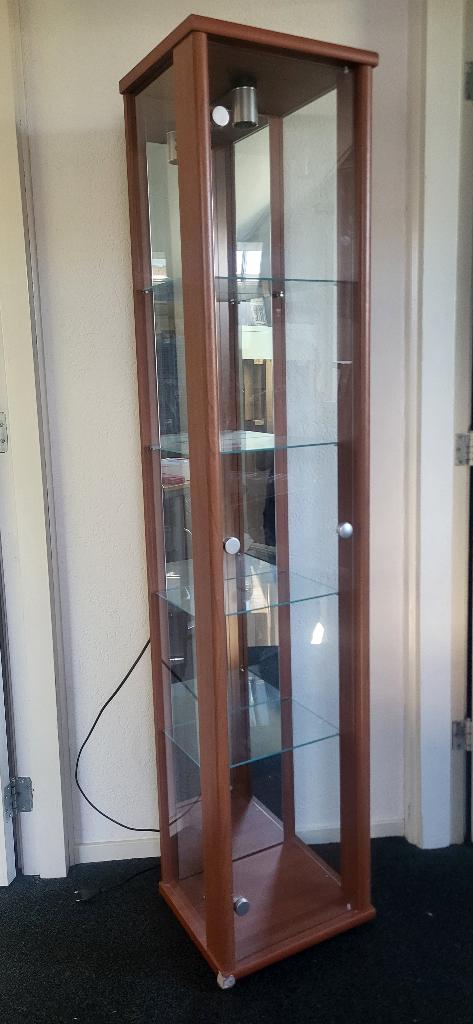 Vitrinekast met spiegel, glazen plaatjes en lampje., Huis en Inrichting, Ophalen, Minder dan 50 cm, Gebruikt, Opgelegd kersenhout