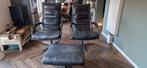 2 x Goossens Job lederen fauteuils + voetenbank, Huis en Inrichting, Fauteuils, Ophalen, Gebruikt, 75 tot 100 cm, Robuust industrieel