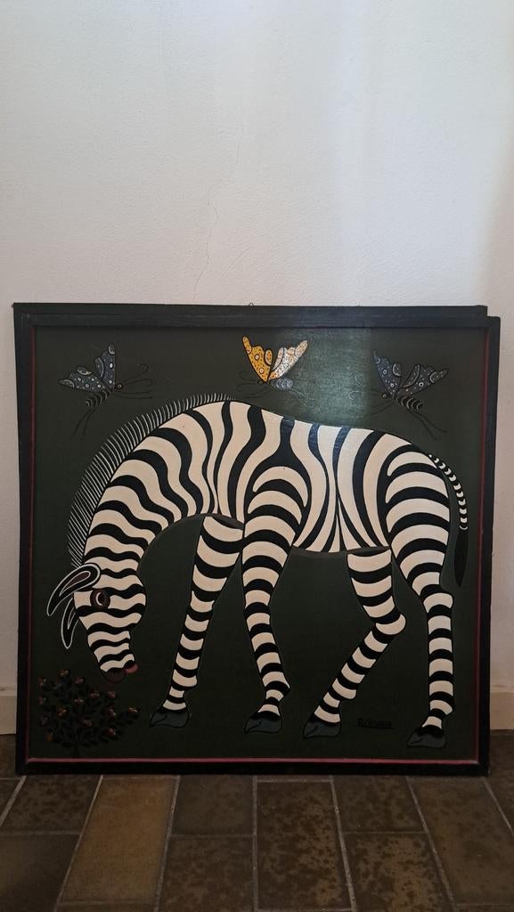 Afrikaans schilderij van R-Chiwaya zebra met vlinders, Antiek en Kunst, Kunst | Schilderijen | Klassiek, Ophalen of Verzenden