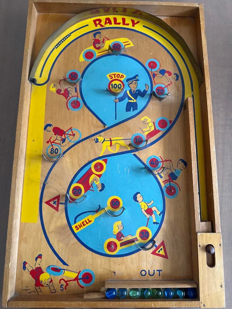 Authentiek Knikkerspel Flipperkast Stijl met 8 Knikkers, Ophalen, Gebruikt, Jongen of Meisje