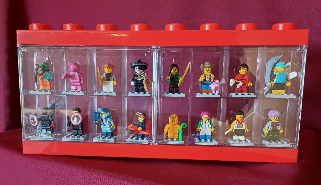 Lego Vitrine 19 x 38 cm met 16 minifiguren, Lego, Accessoire, Ophalen of Verzenden, Zo goed als nieuw