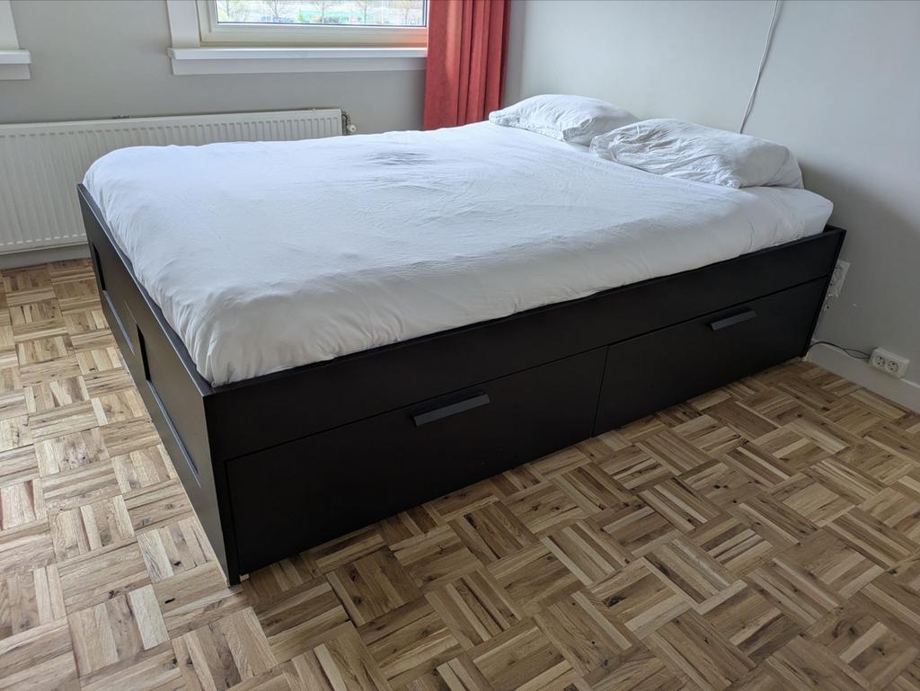 Ikea Brimnes bed met opbergruimte 140x200, Huis en Inrichting, Slaapkamer | Bedden, Ophalen, Gebruikt, Zwart, Tweepersoons