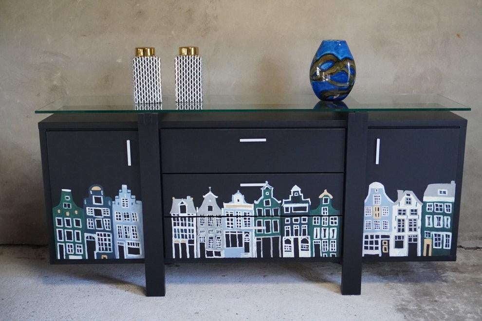 Karel Mintjens (Xenon) grachten panden dressoir, Huis en Inrichting, Na, 150 tot 200 cm, Ophalen of Verzenden, Zo goed als nieuw
