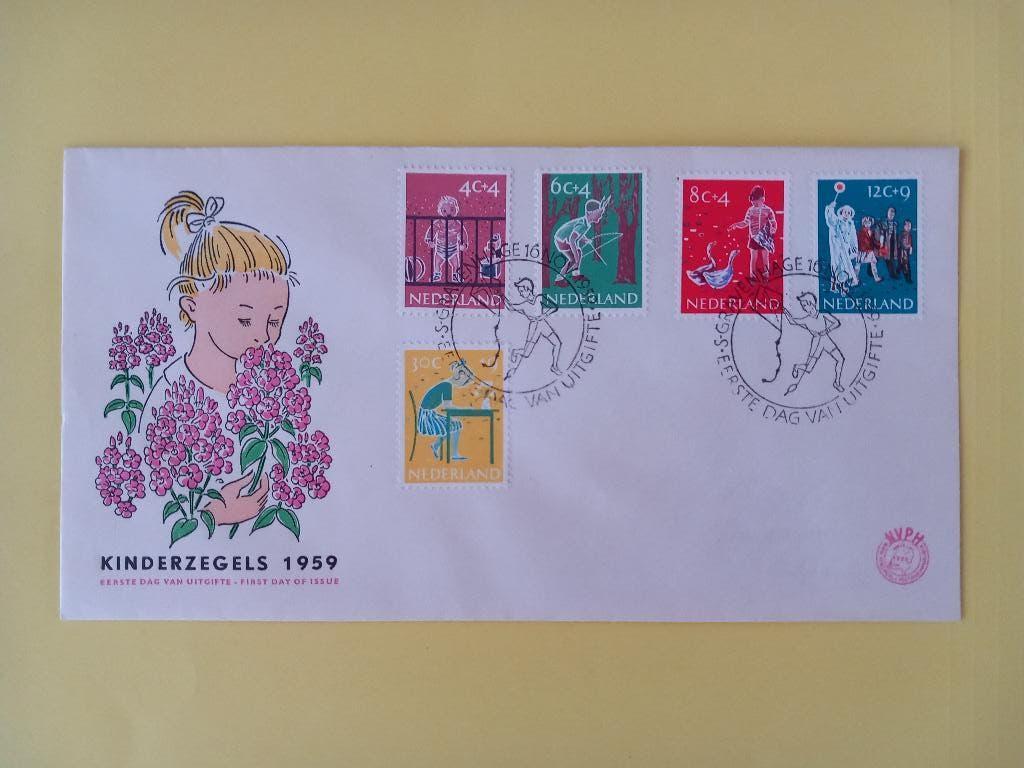 1959 Kinderzegels FDC E41 met open klep e3, Postzegels en Munten, Postzegels | Eerstedagenveloppen, Verzenden, Beschreven, Nederland
