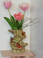 Keramieken groene vaas met gekleurde vogeltjes op takken, Ophalen of Verzenden