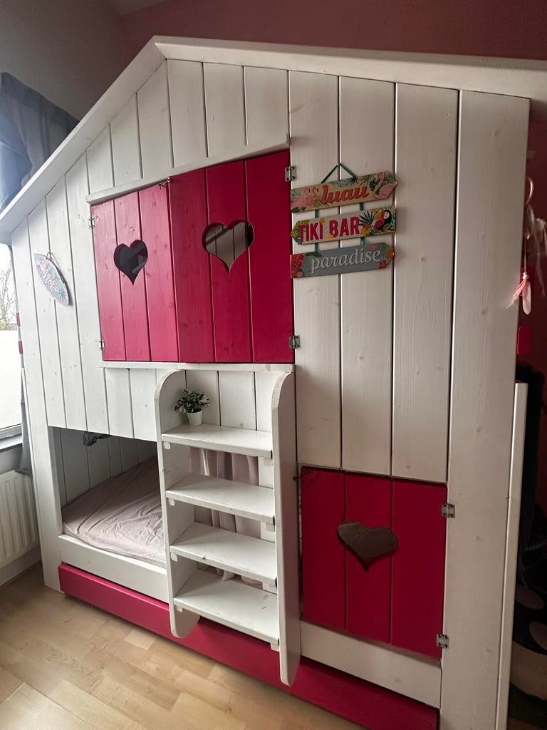 Huisjesbed stapelbed met uitschuifbaar 3e bed, Ophalen, Gebruikt, Eenpersoons, Overige maten