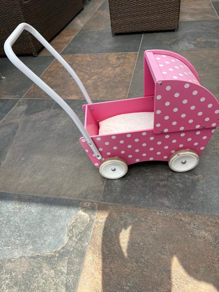 Roze houten poppenwagen met witte stippen, Ophalen, Gebruikt, Overige typen
