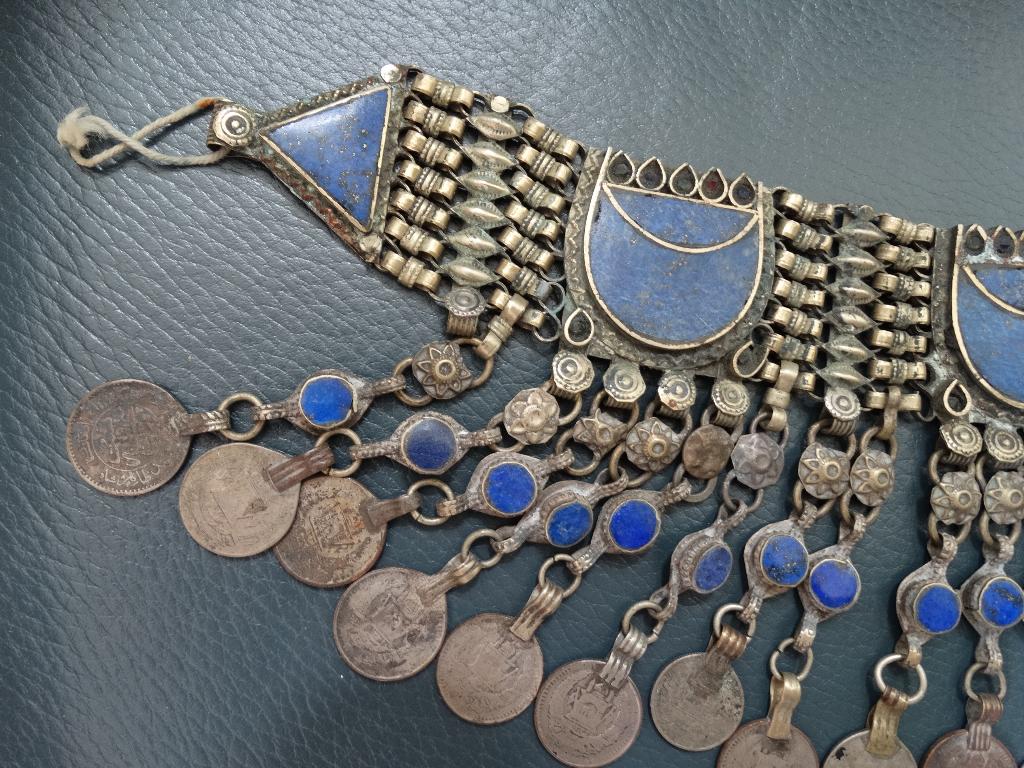 Antieke tribale ketting, lapis lazuli choker etnisch, munten, Verzenden, Zilver, Ketting, Met edelsteen