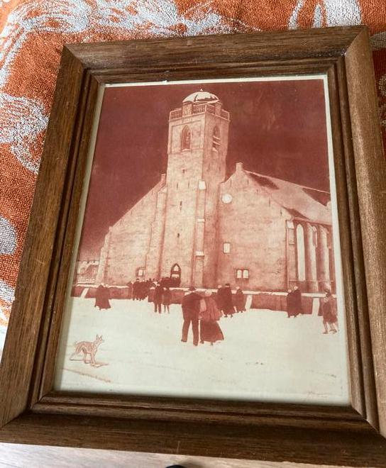 Andreas Kerk in Katwijk a Zee in lijst 26x32  Tjeerd Bottema, Ophalen of Verzenden, Schilderij, Minder dan 50 cm