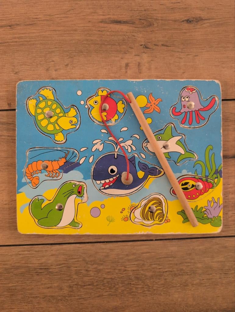 Houten vispuzzel met magnetische hengel, Ophalen of Verzenden
