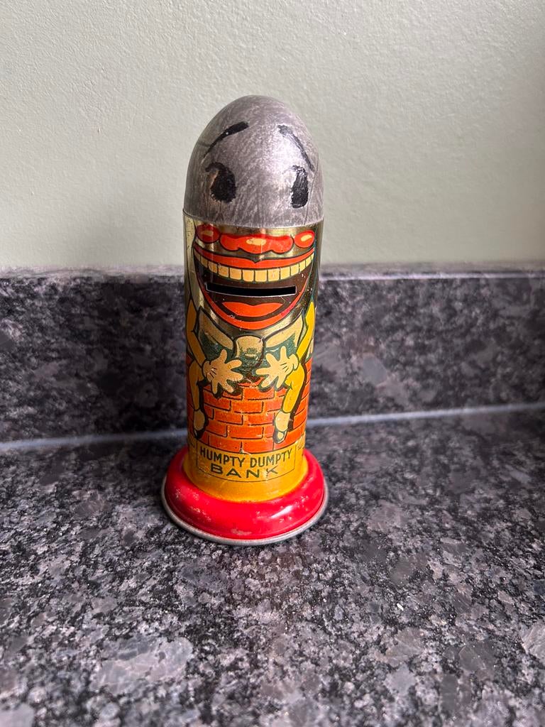 1930 - Humpty Dumpty - blikken spaarpot - USA, Verzamelen, Spaarpotten, Ophalen of Verzenden, Metaal of Blik