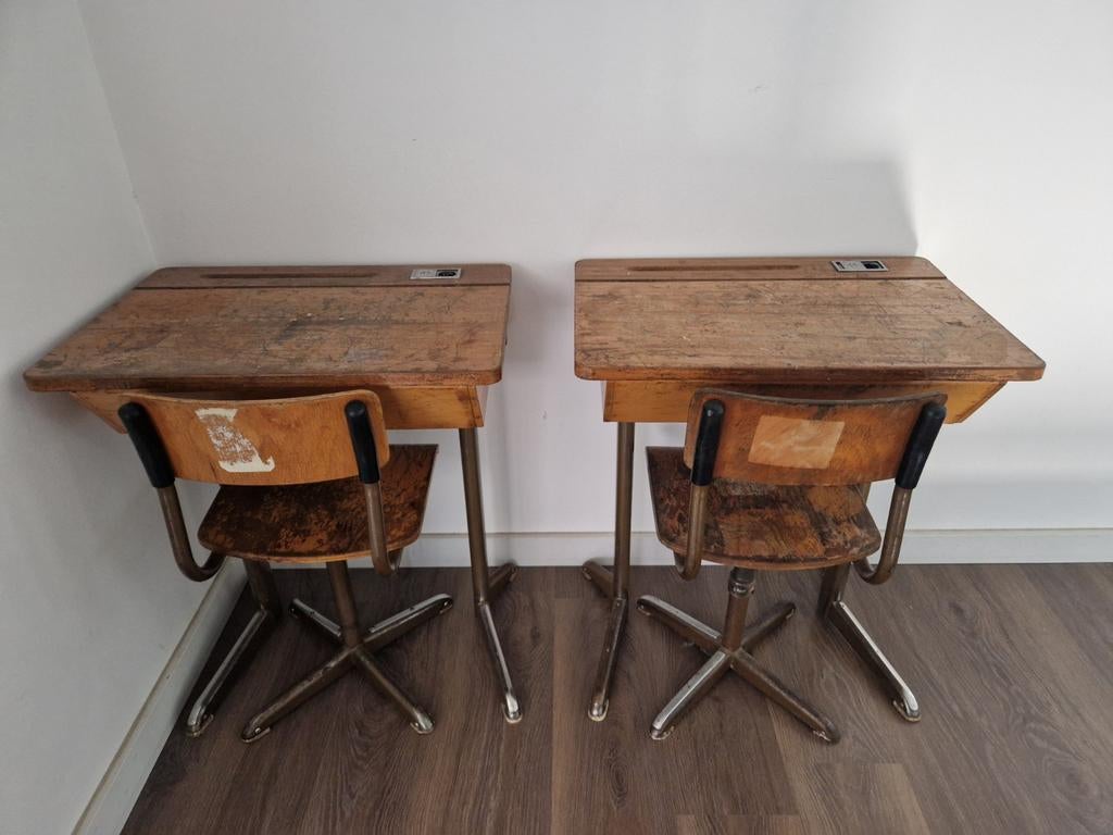 Authentieke vintage schoolbankjes met stoel (set van 2), Ophalen