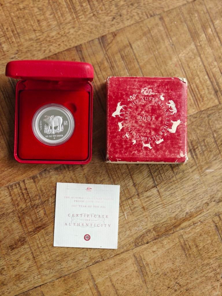 2007 Lunar Pig Proof 1/2 oz Oplage 2500 Zie ook andere, Ophalen of Verzenden, Losse munt, Zilver