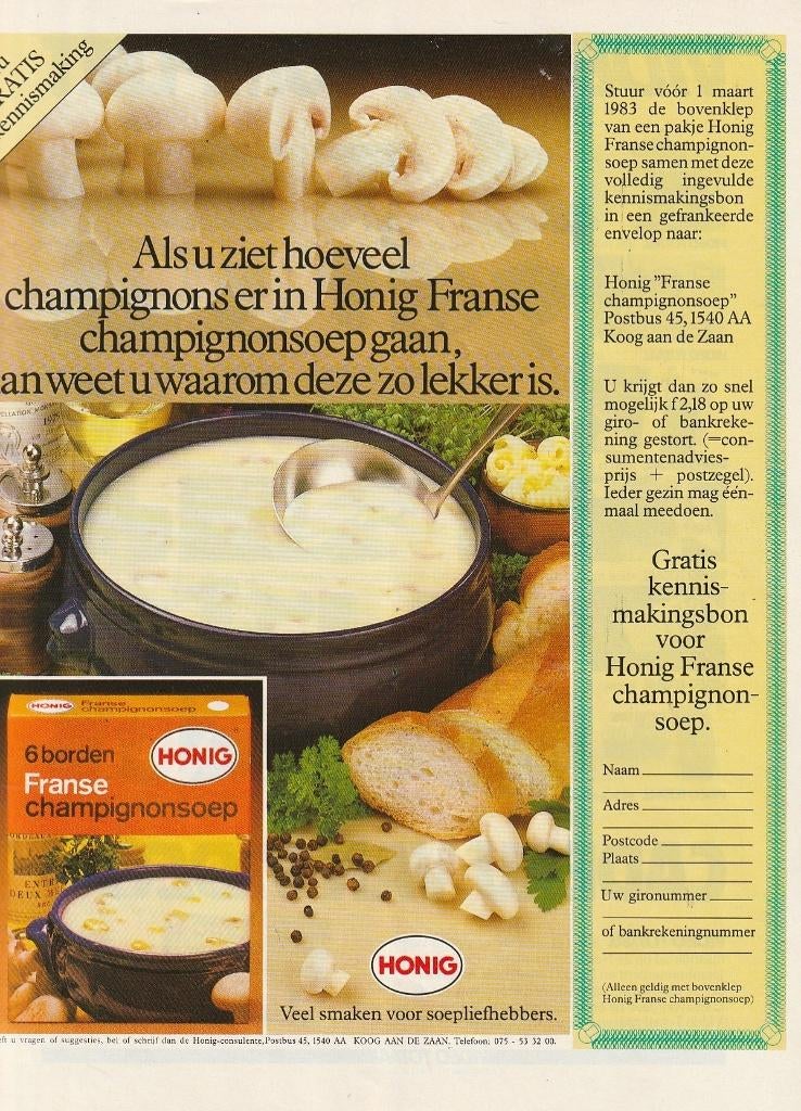Retro reclame 1982 Honig Koog aan de Zaan champignonsoep, Verzenden, Overige typen