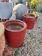 2 iedentieke geglazuurde wijn rode potten, Tuin en Terras, Bloempotten, Ophalen, Rond, Aardewerk, Minder dan 40 cm