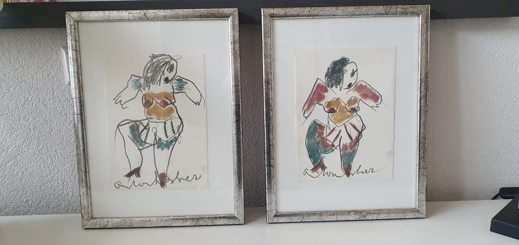2x Anton Heyboer Can Can Danseres krijttekening, Ophalen of Verzenden