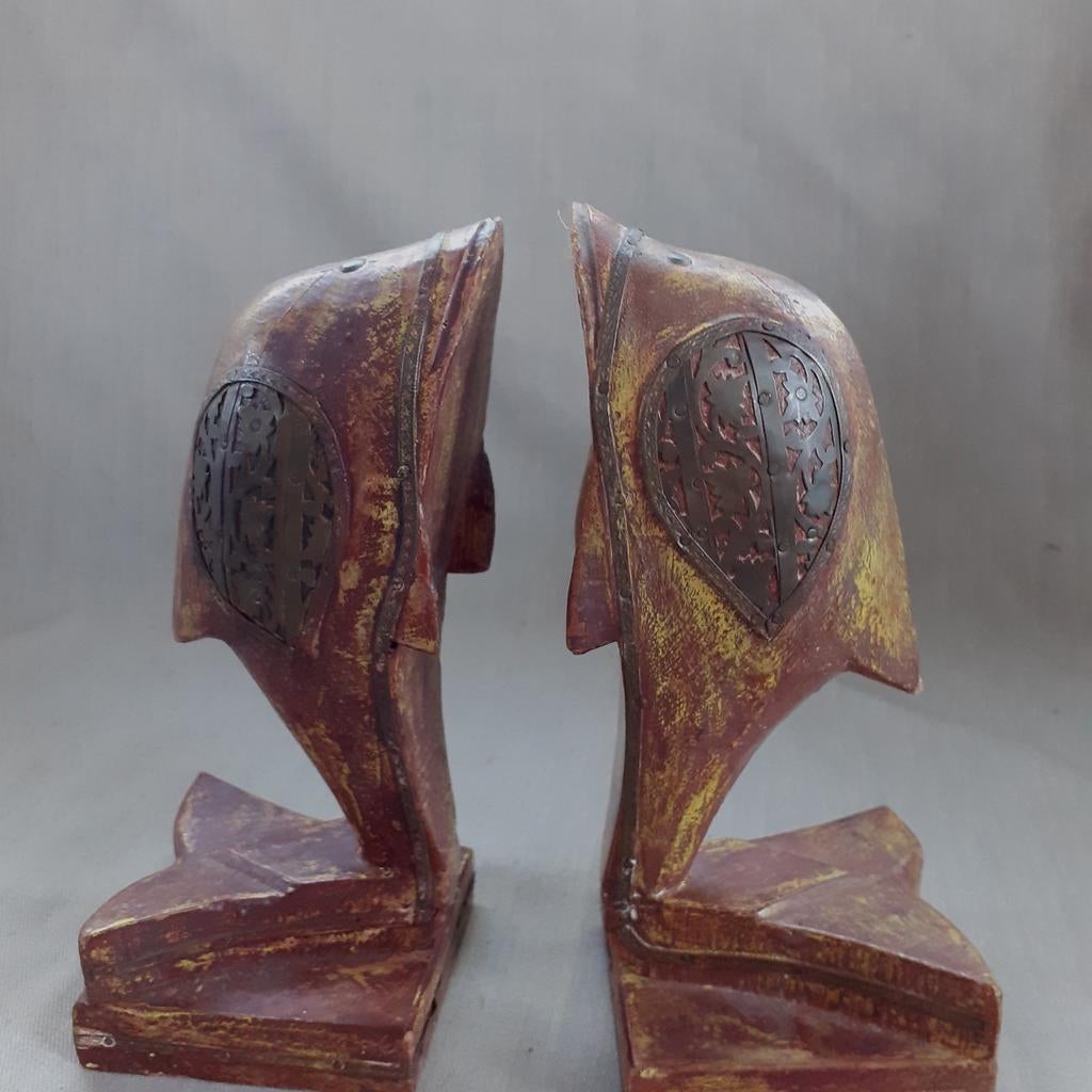 Stel boekensteunen "Dolfijn" van hout en koper, Antiek en Kunst, Ophalen of Verzenden