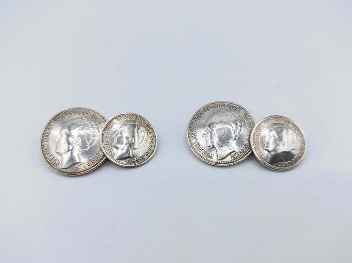 Zilveren manchetknopen gemaakt van 10 en 25 cent, Wilhelmina, Sieraden, Tassen en Uiterlijk, Manchetknopen, Gebruikt, Zilver, Verzenden