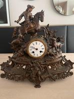 Antieke bronzen jachtklok met ruiter en honden, Ophalen of Verzenden