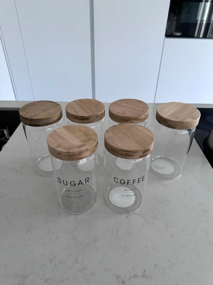 Set van 6 glazen voorraadpotten met bamboe deksel, Huis en Inrichting, Keuken | Keukenbenodigdheden, Zo goed als nieuw, Ophalen of Verzenden
