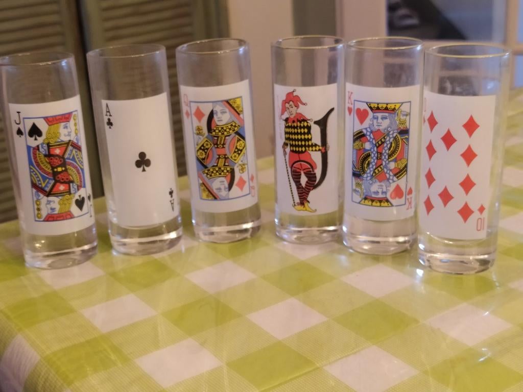 Vintage borrelglaasjes mond geblazen speelkaarten 6, Ophalen of Verzenden, Overige typen