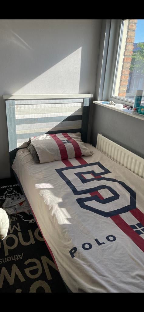 Bed steigerhout 90 x 200 cm + lattenbodem, Ophalen, 85 tot 100 cm, Zo goed als nieuw, Lattenbodem