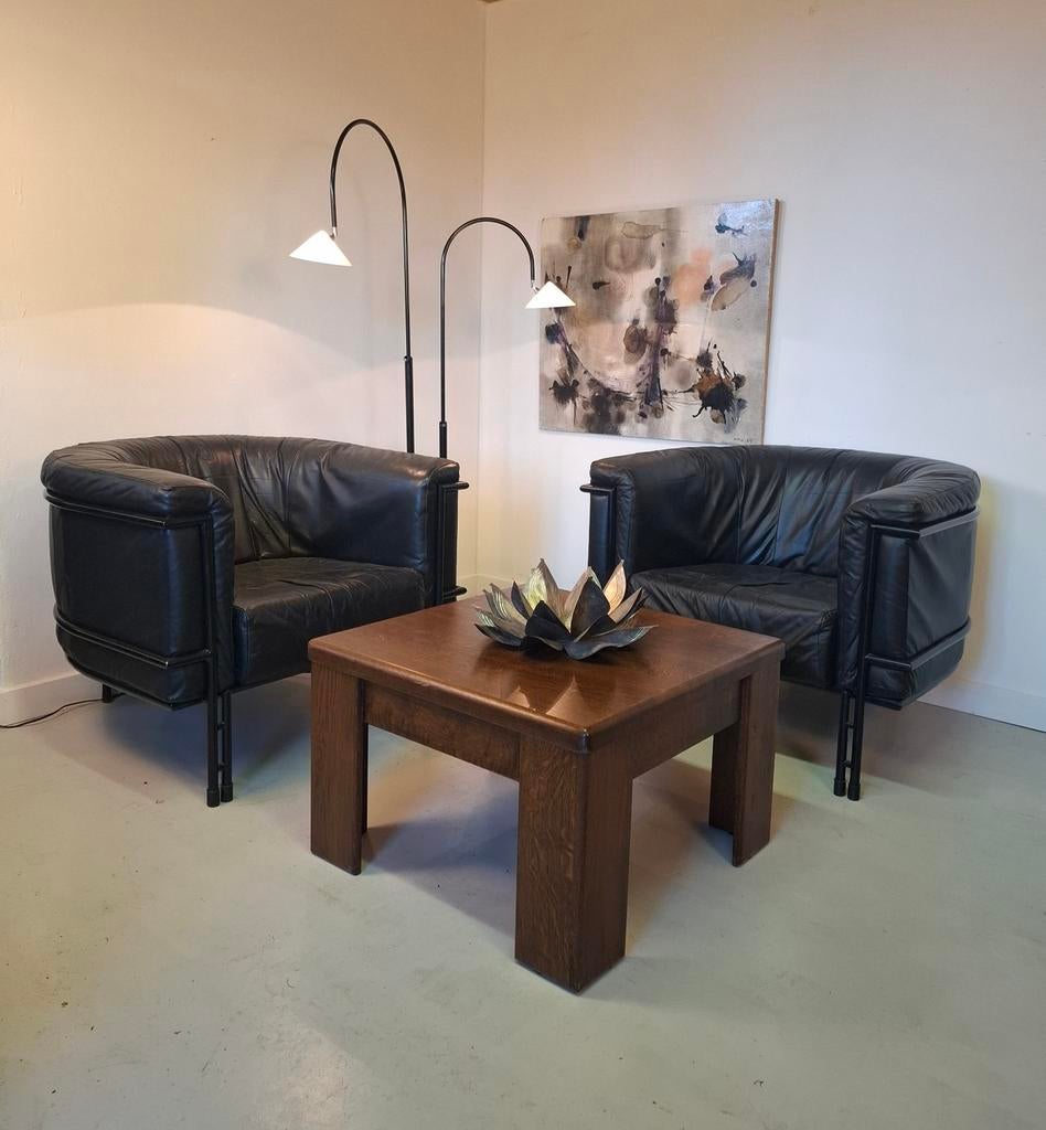 Vintage leren design fauteuils le Corbusier stijl stoelen, Ophalen, 75 tot 100 cm, Leer, 50 tot 75 cm