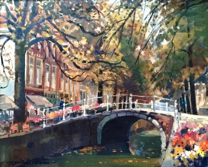 == Daan Mühlhaus 1907-1981== bloemenmarkt in DELFT ==, Antiek en Kunst, Kunst | Schilderijen | Klassiek, Ophalen of Verzenden