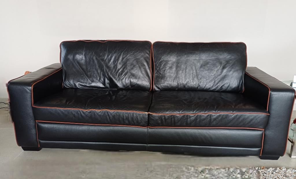 Zwart leren bankstel Schillig, Ophalen, Gebruikt, Rechte bank, Vierpersoons of meer